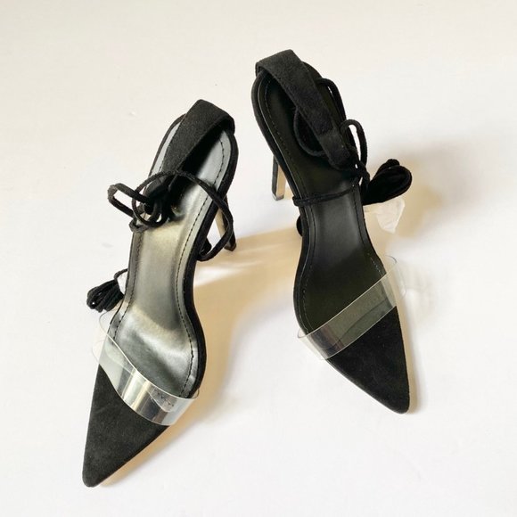 black clear strap ankle tie heels